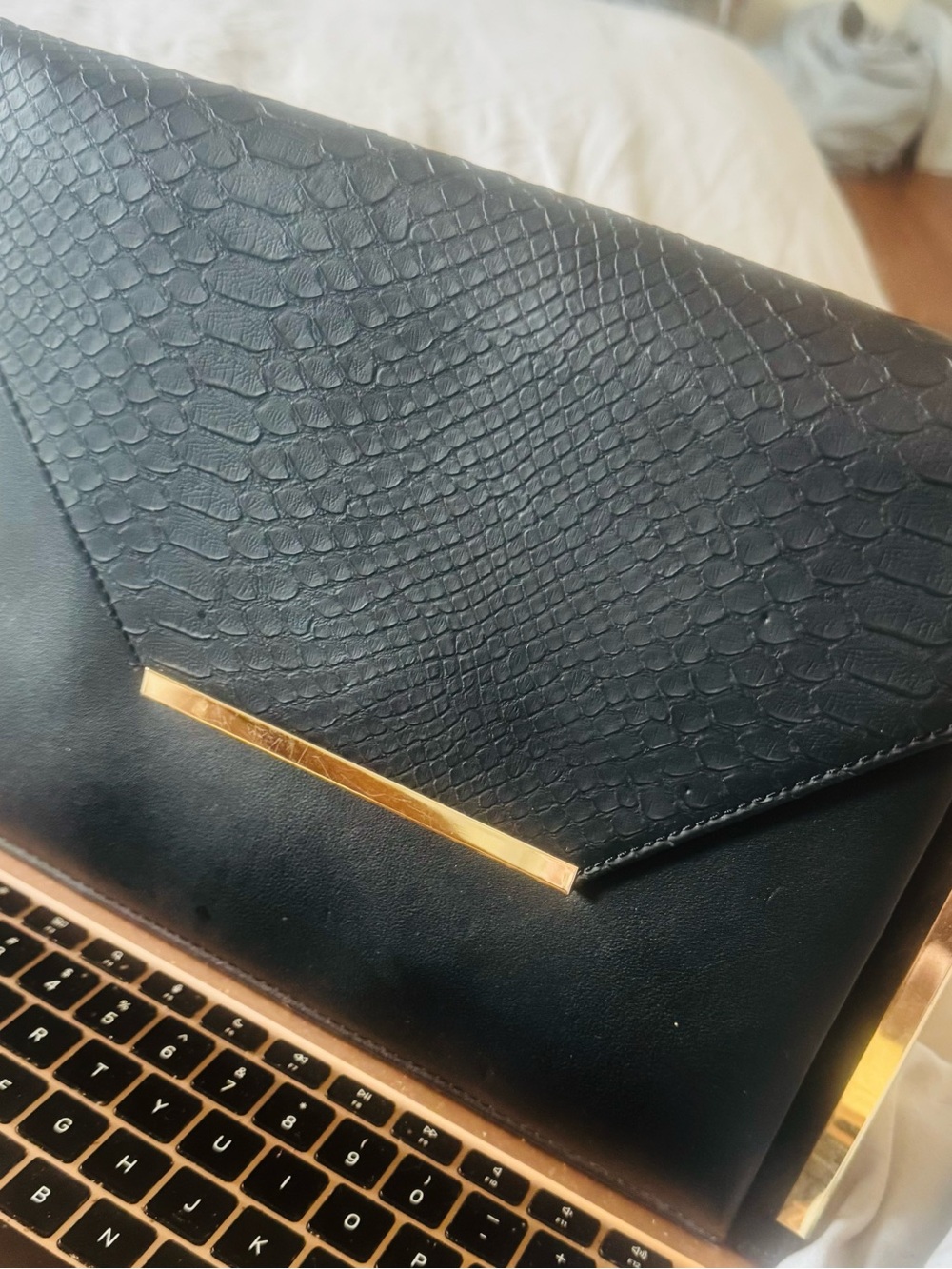 Black Aldo Faux-Snake Envelope Clutch with Gold Accent
